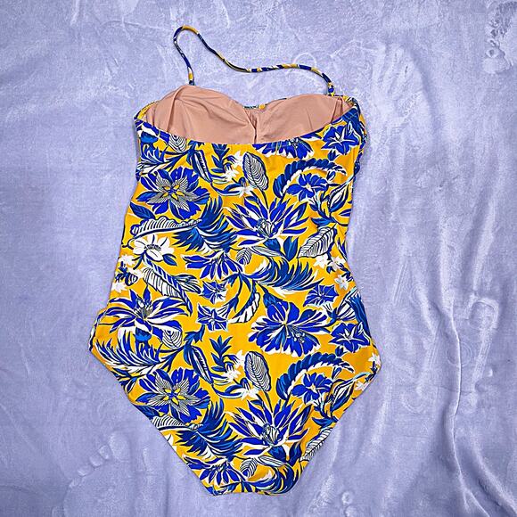 J CREW Tropical Floral Halter One Piece Swimsuit Yellow Blue Womens Large - Picture 3 of 6
